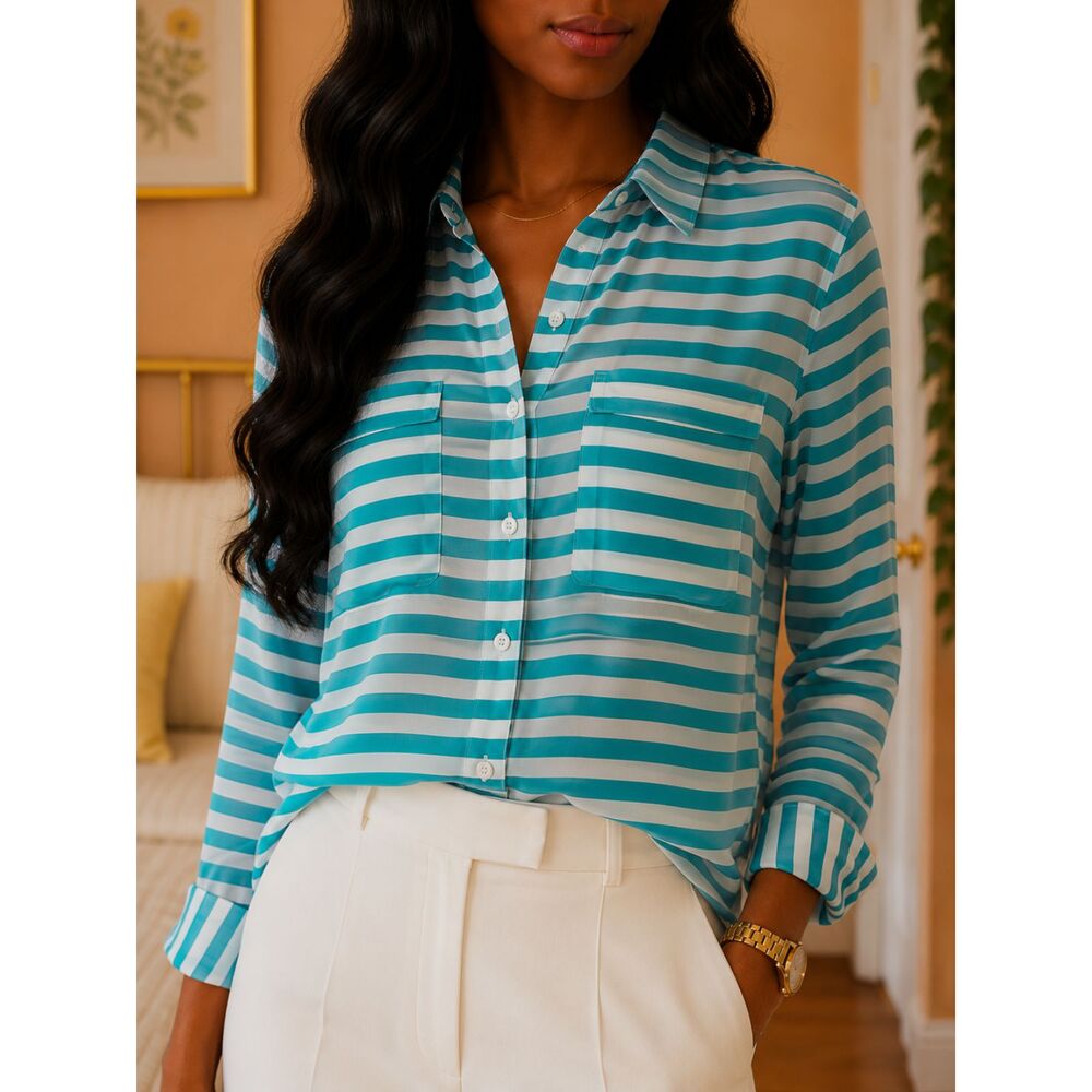 Old Navy Teal Striped Sheer Button Down Blouse Size M Front Pockets Coastal Chic